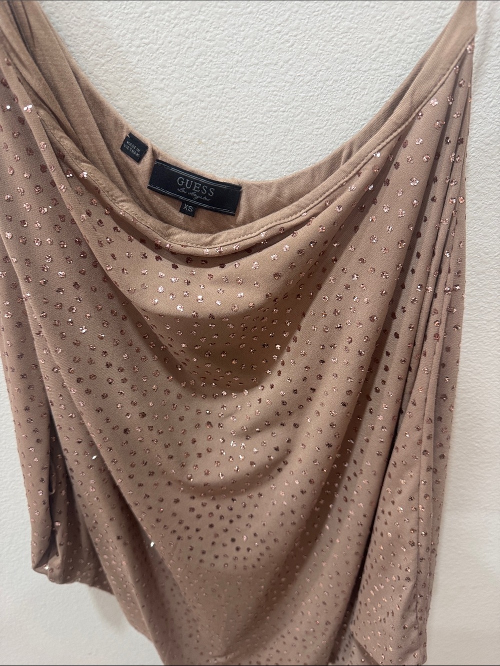 GUESS Taupe Rhinestone Cowl Neck Top XS